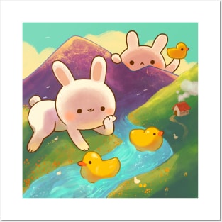 Giant Bunnies Playing with Ducks Posters and Art